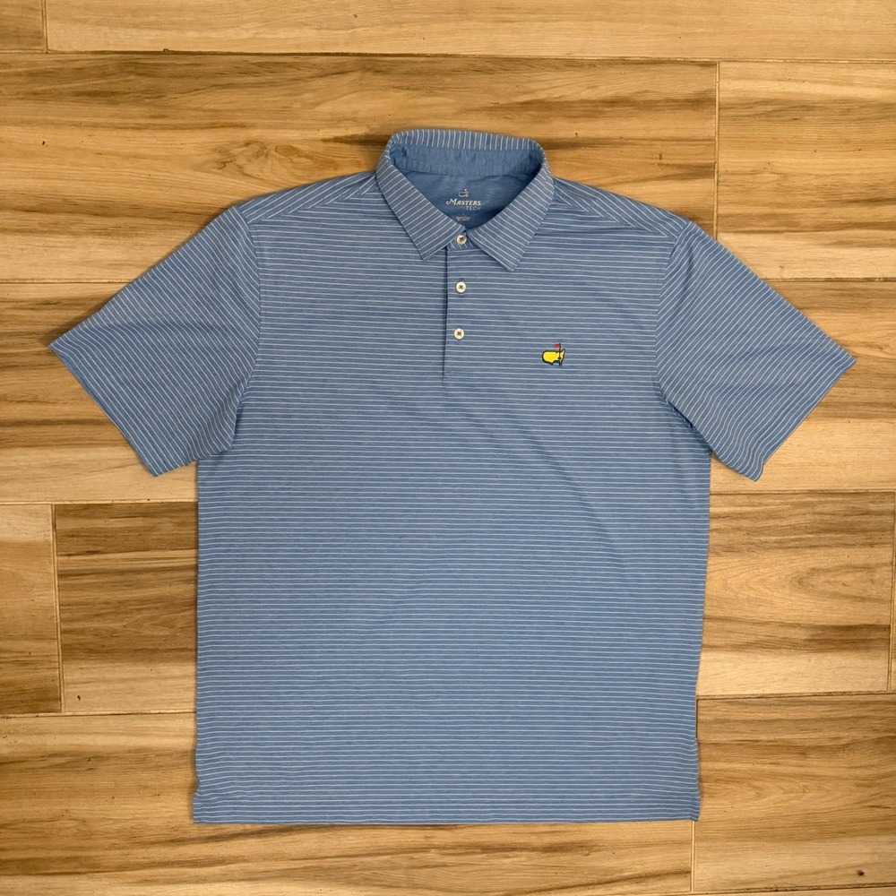 Masters Tech Mens Golf Polo Shirt Large Blue White Striped Performance